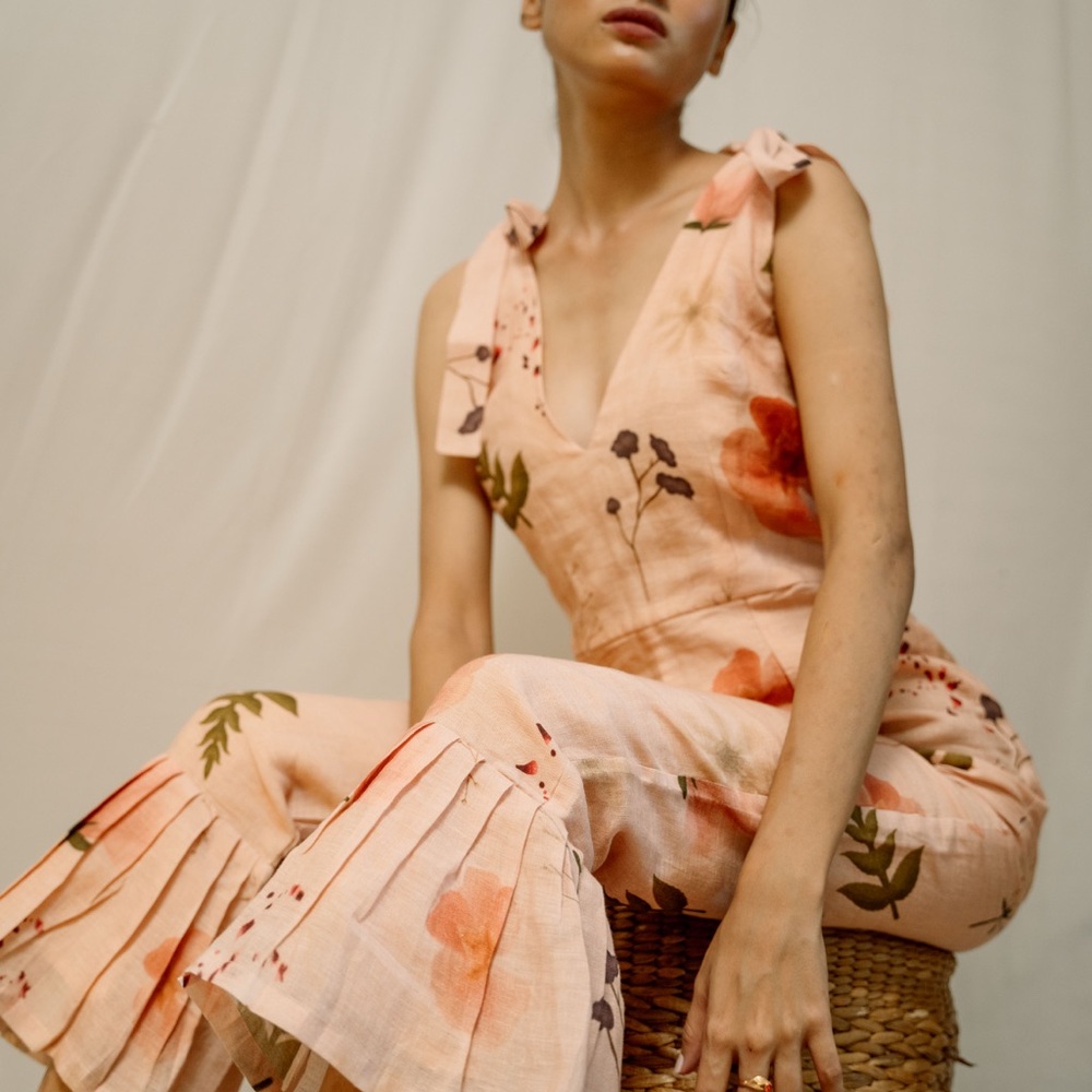 Floral Peach Linen Jumpsuit